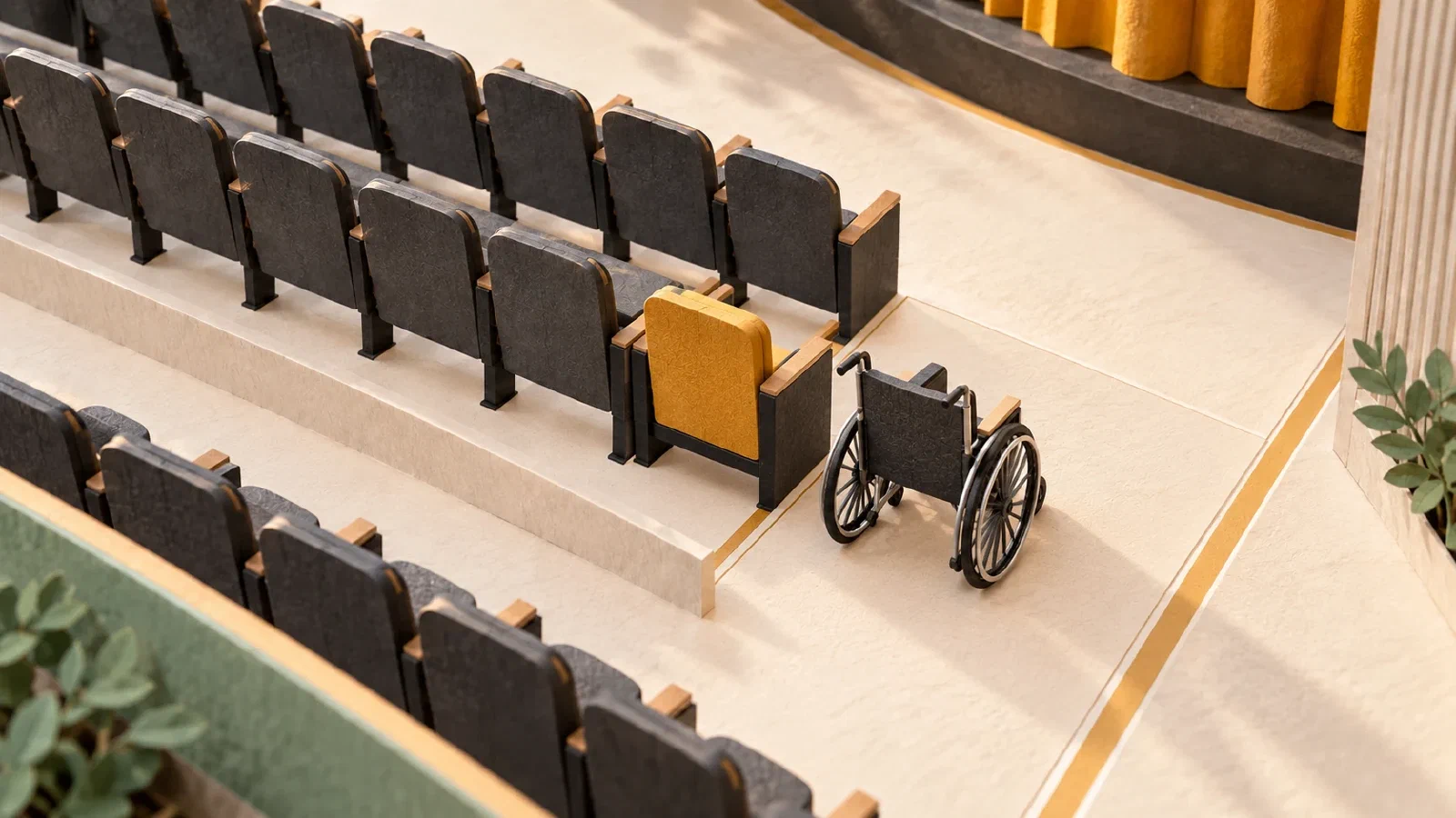 The backs of a wheelchair and amber companion seat, both facing the theater stage beside an open aisle.