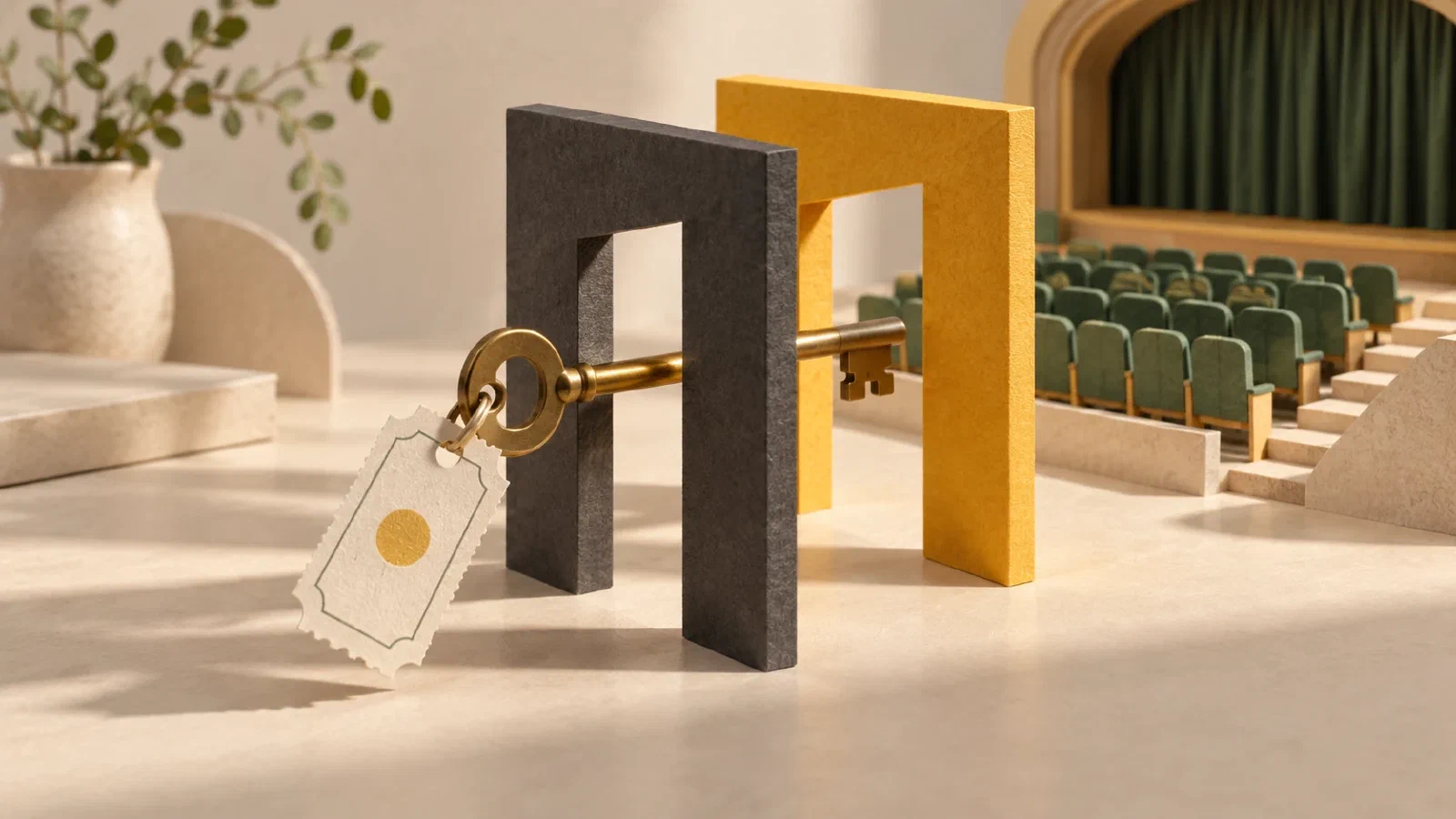 A brass key passing through charcoal and amber doorways into a miniature theater.