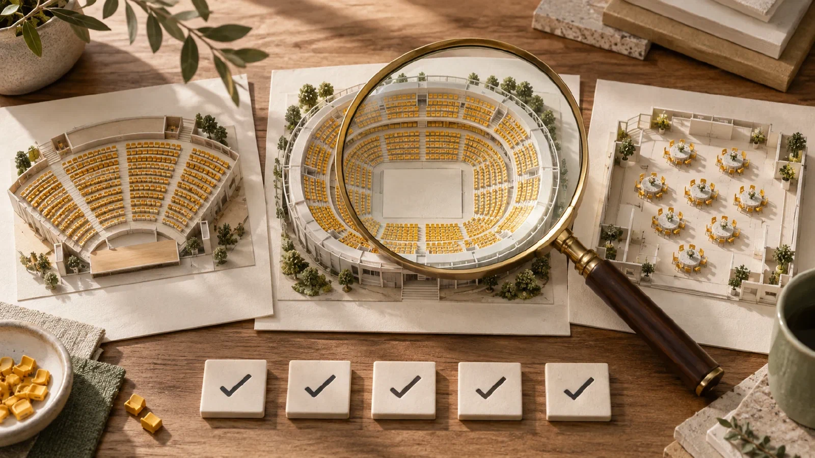 Three venue seating models examined with a brass magnifying lens and selected seat tiles.