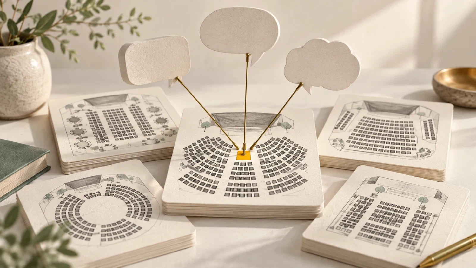 Three paper speech bubbles directing attention to an amber seat among orderly venue cards.