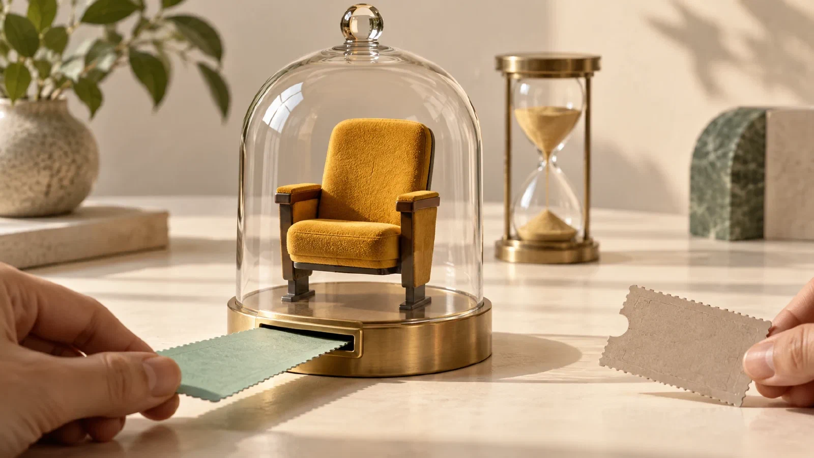 A single amber theater seat under a clear protective dome, with two ticket tabs approaching from opposite sides.