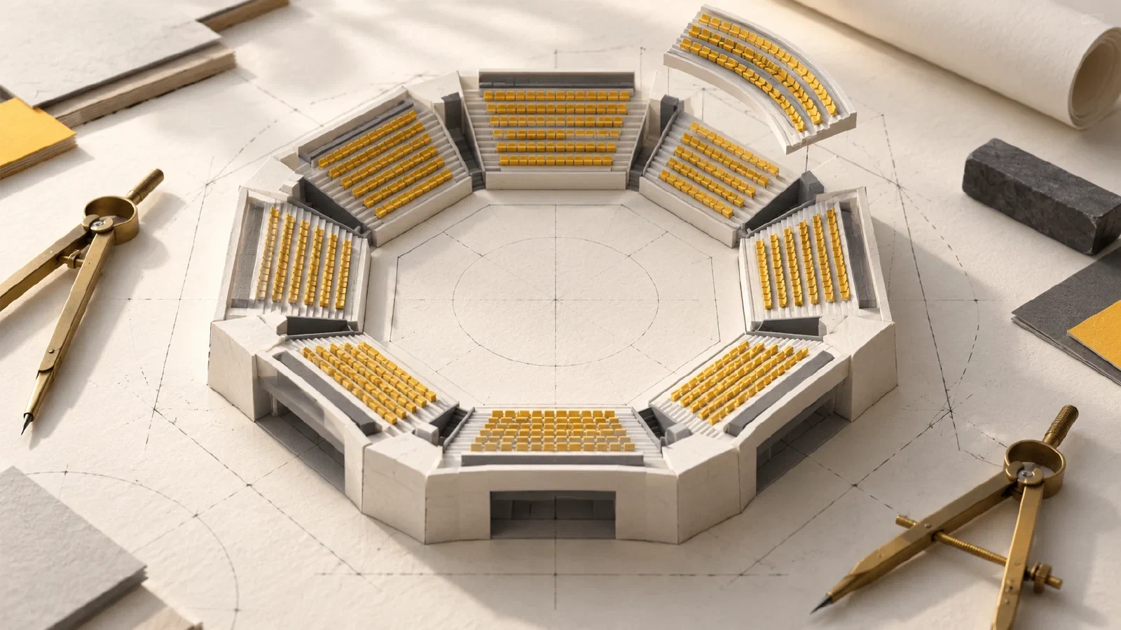 A paper arena model with octagonal seating rows and a raised curved section on a drafting table.