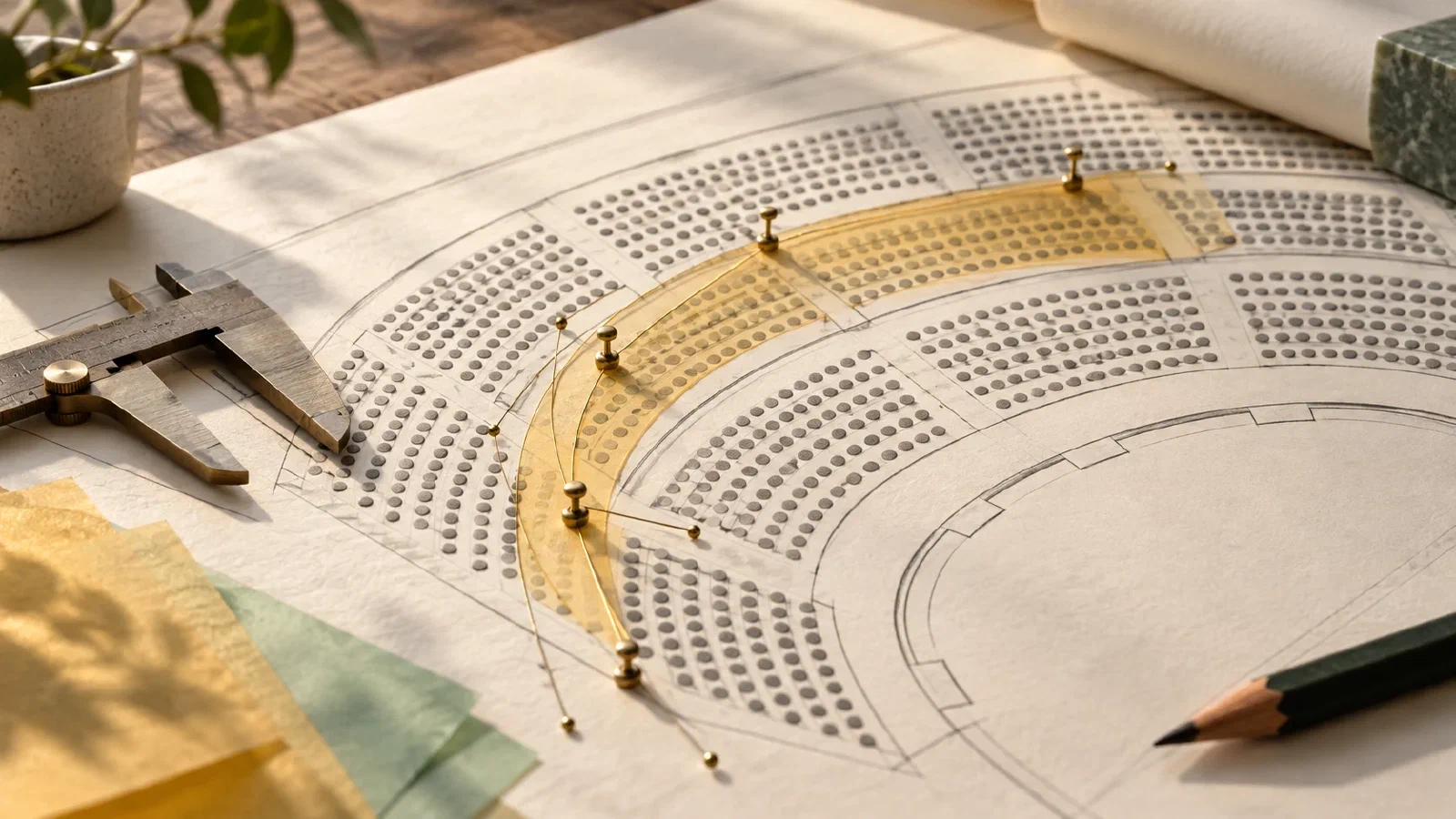 A curved seating plan on drafting paper with brass anchor pins and tangent handles.
