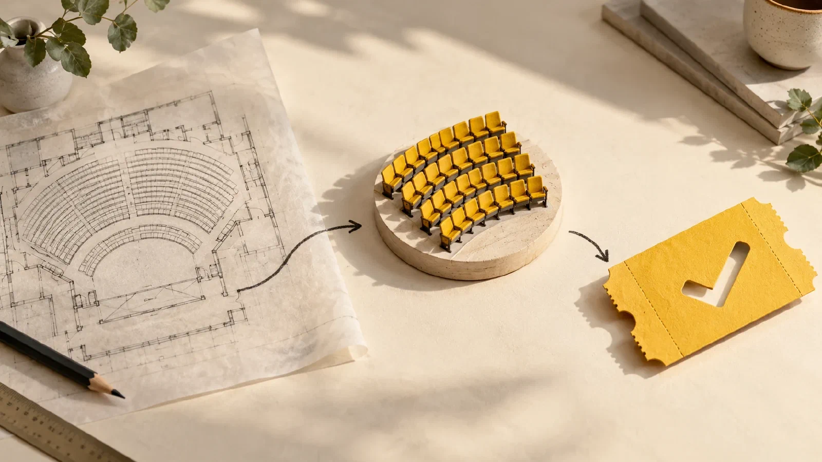 A venue blueprint, a miniature seat model and a ticket connected in a sequence on an ivory tabletop.