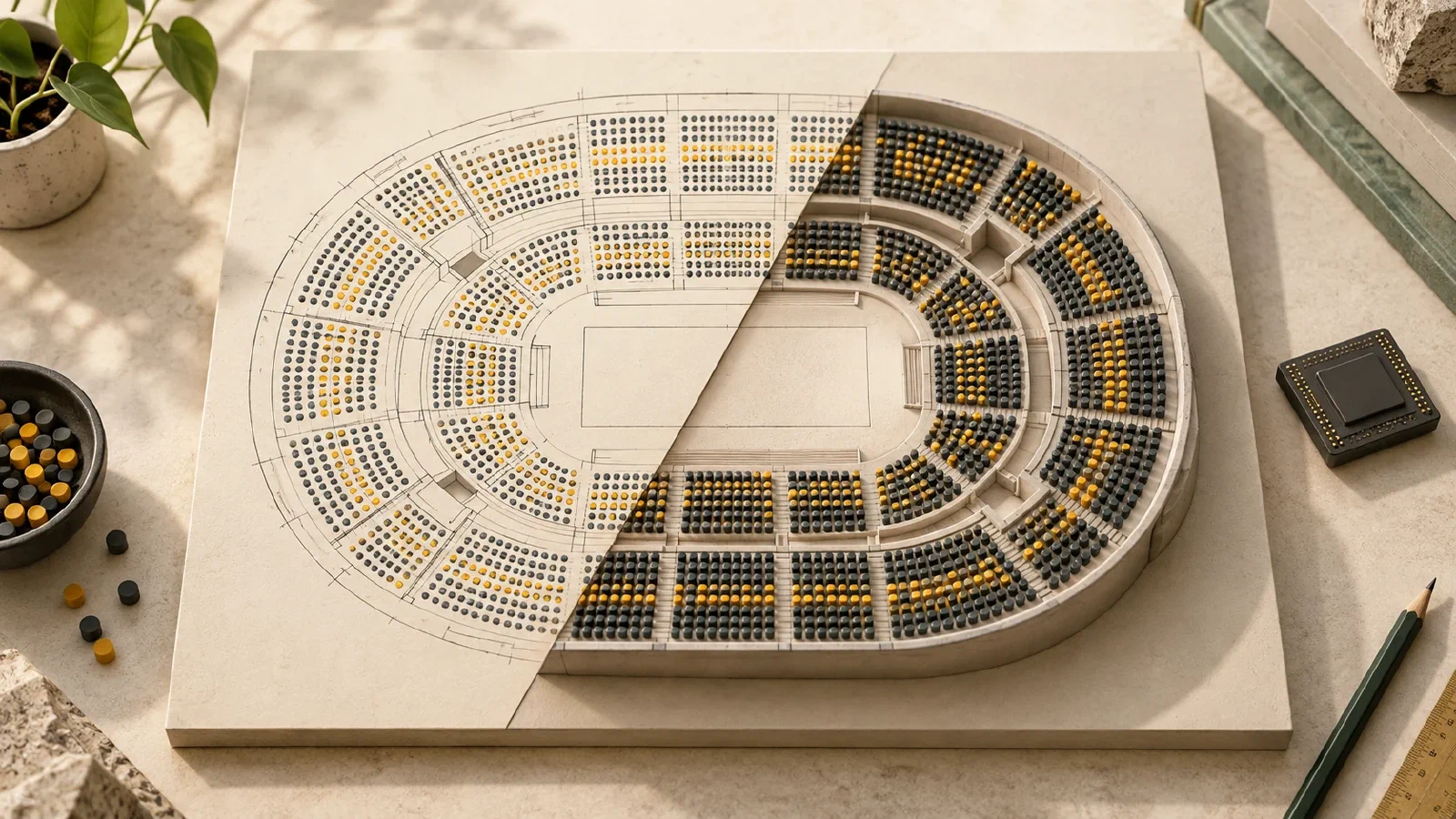 A seating plan divided between a flat paper drawing and a raised three-dimensional seat model.