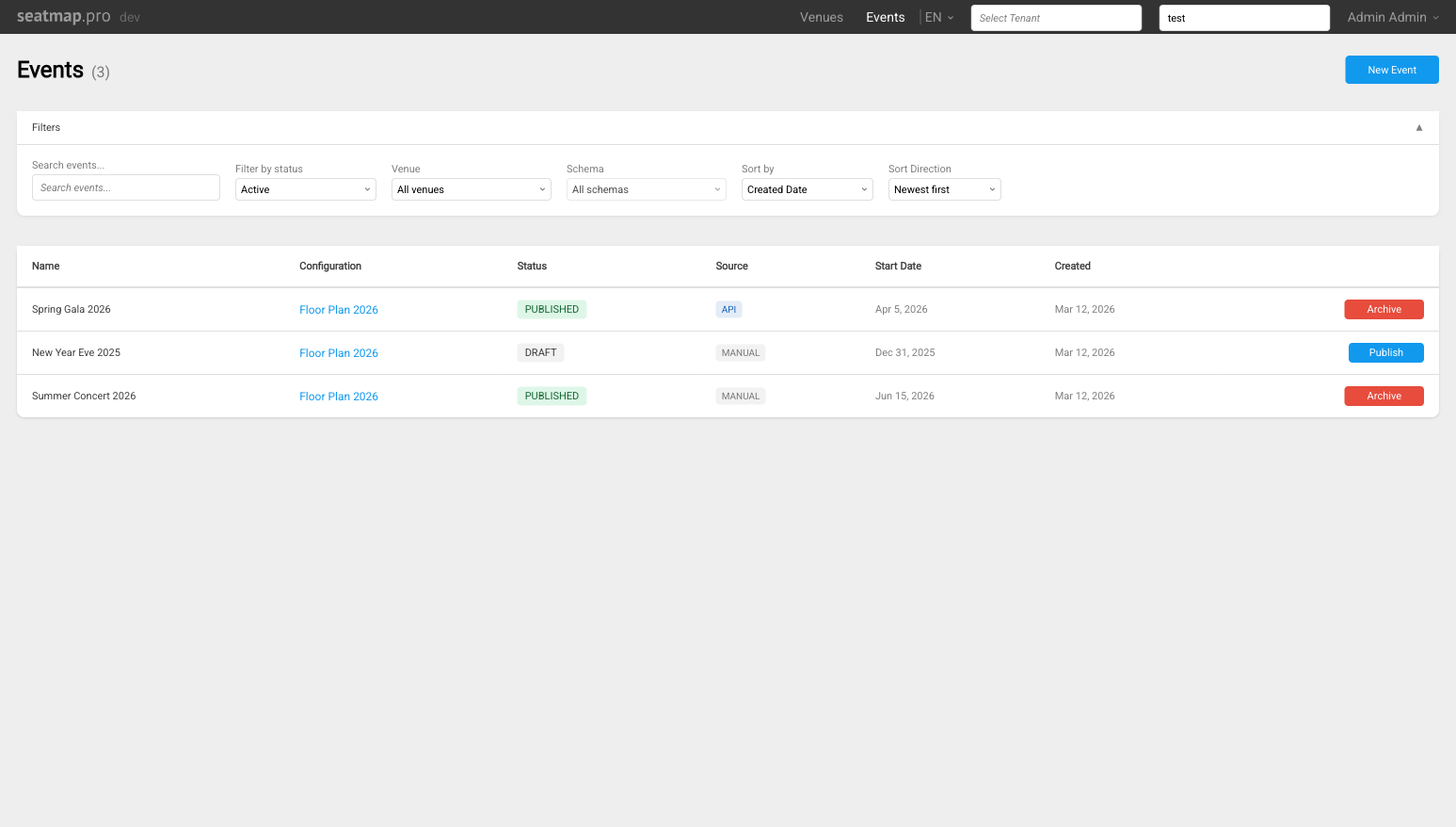 Events Hub filter controls
