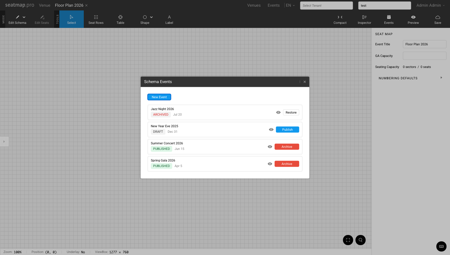 Schema Events Modal showing event list with action buttons
