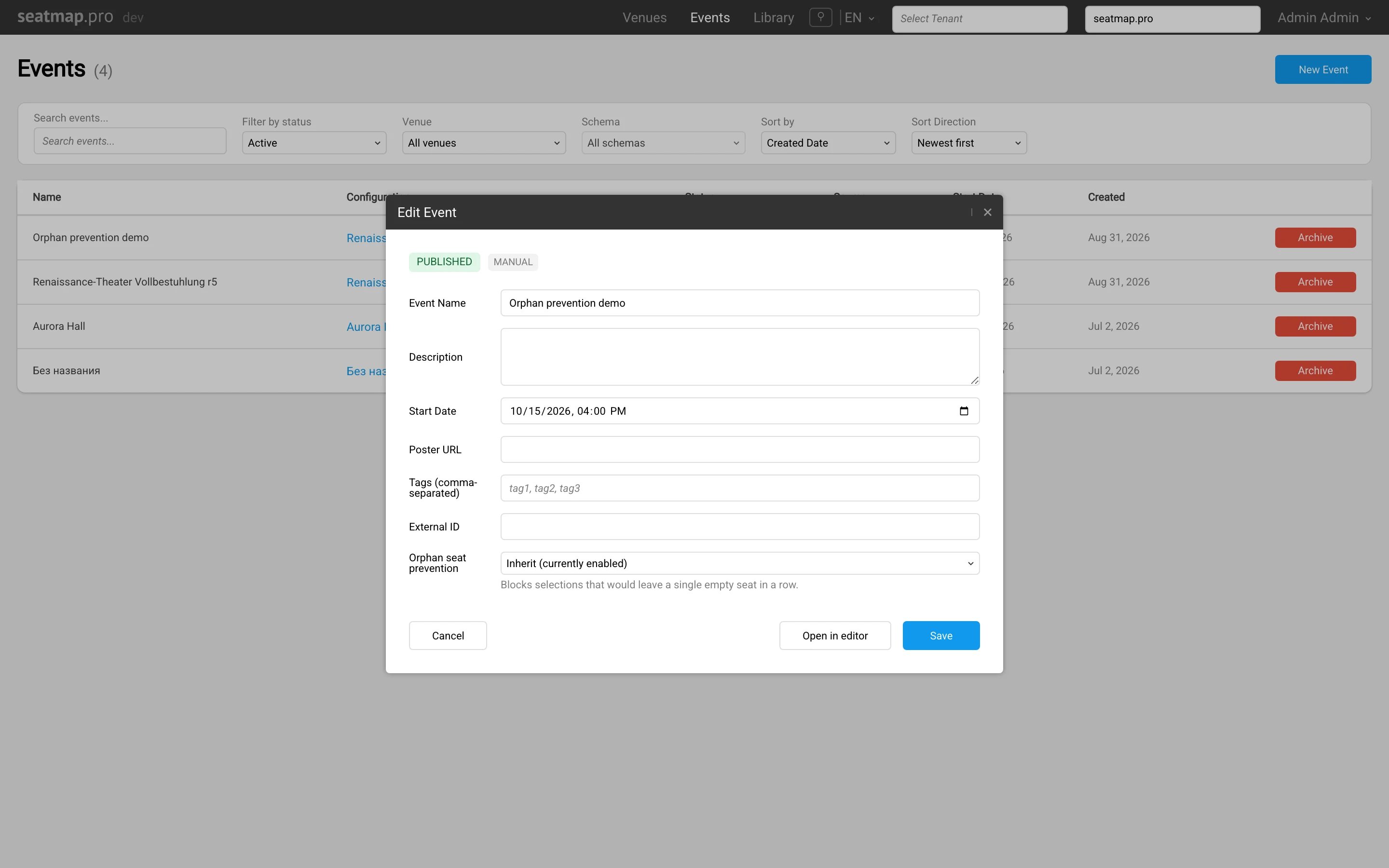 The event dialog in the venue editor showing the Orphan seat prevention field left on Inherit, which reads Inherit (currently enabled) because the organization has it on