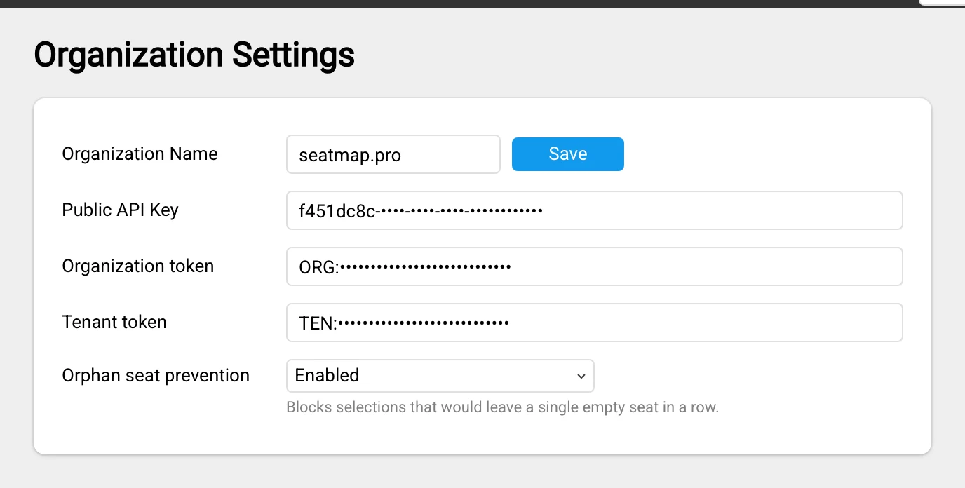 The Organization settings page in the venue editor with the Orphan seat prevention field set to Enabled