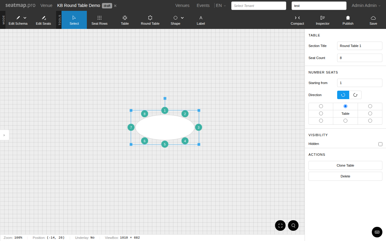 Selected elliptical table with resize handles visible, cursor hovering over a handle