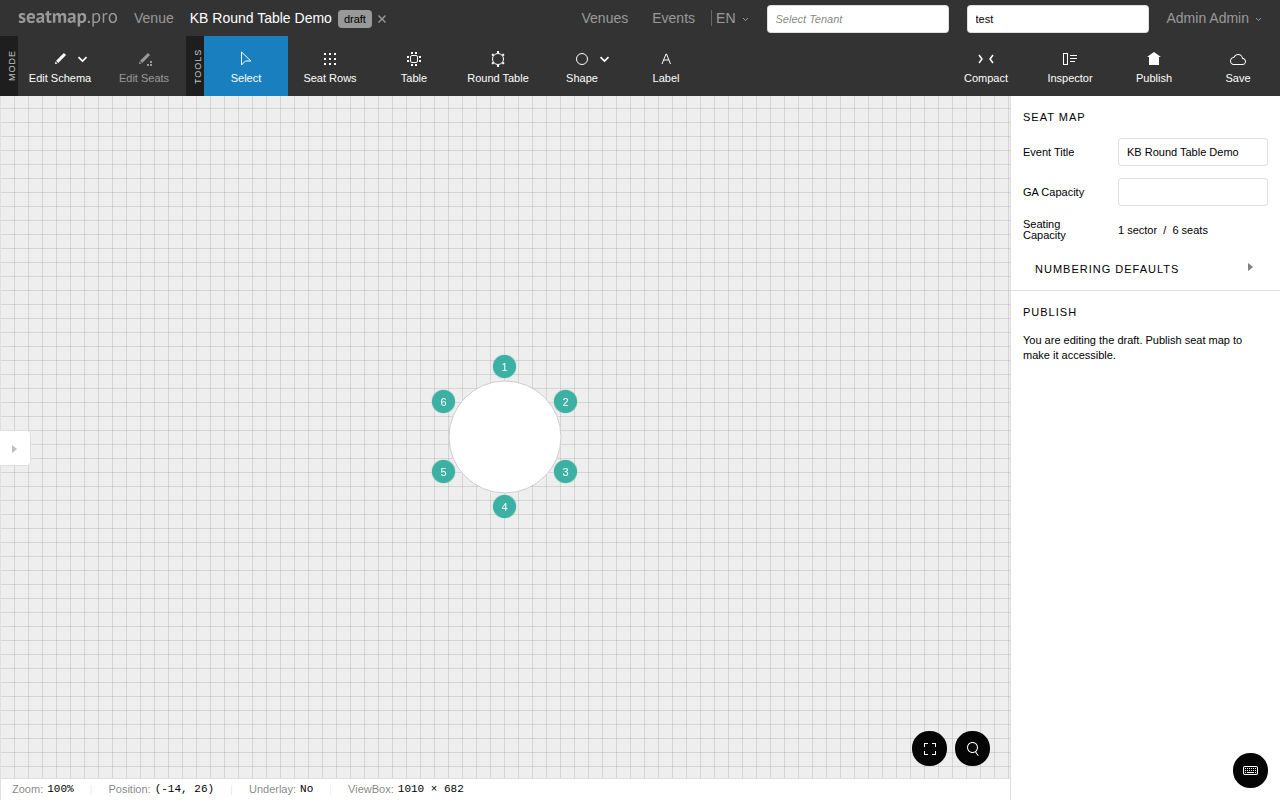Round table on the canvas with 6 evenly spaced seats