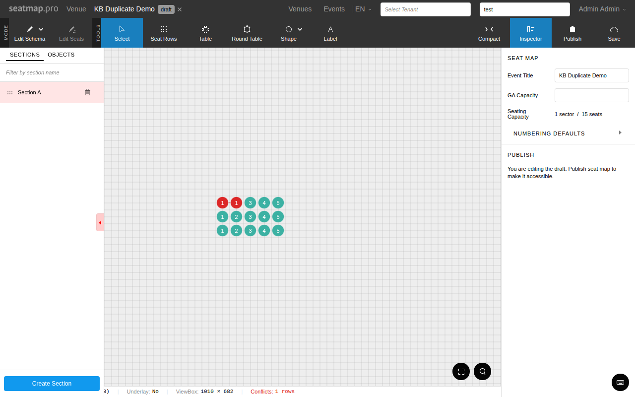 Duplicate seats highlighted in red with dotted arc connectors on the canvas