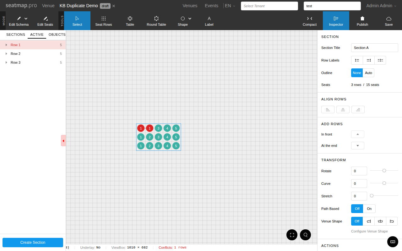 Inspector panel showing rows and seats with duplicate name indicators