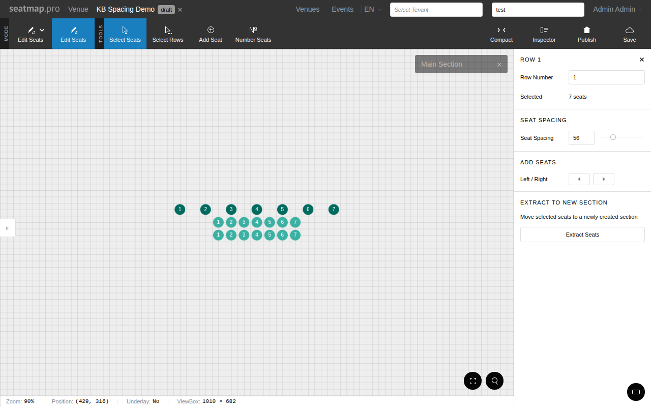 Sidebar showing the seat spacing slider with a section visible on the canvas