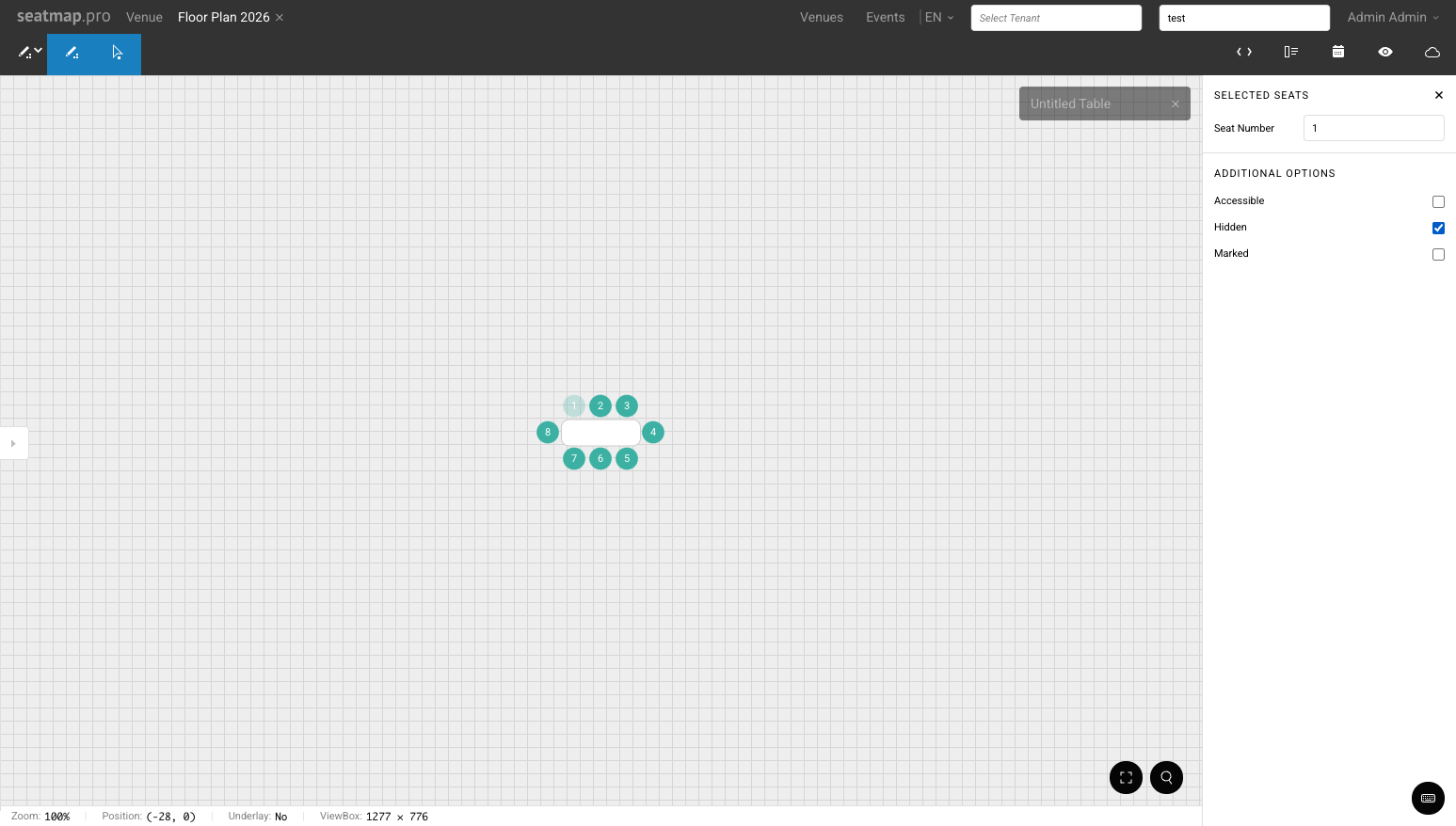 A seat marked as hidden, shown visually distinct in the editor