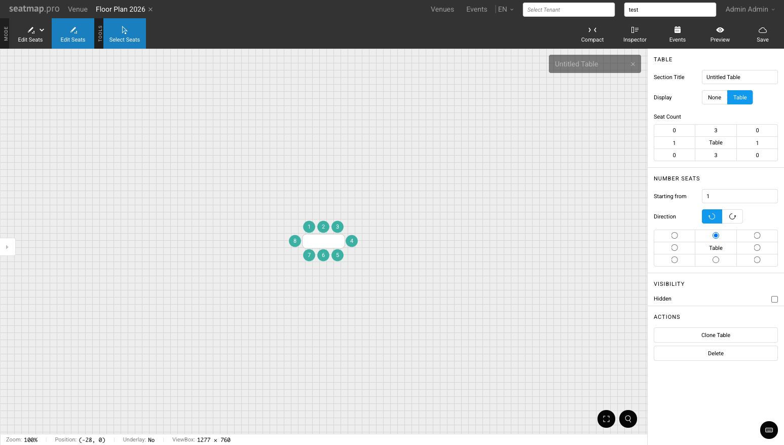 Table in edit mode with individual seats highlighted